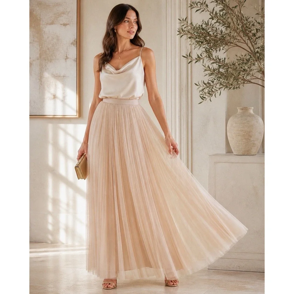 Adrianna Papell Beige Tulle‎ Maxi Skirt Women Size 12 Pleated Formal Evening